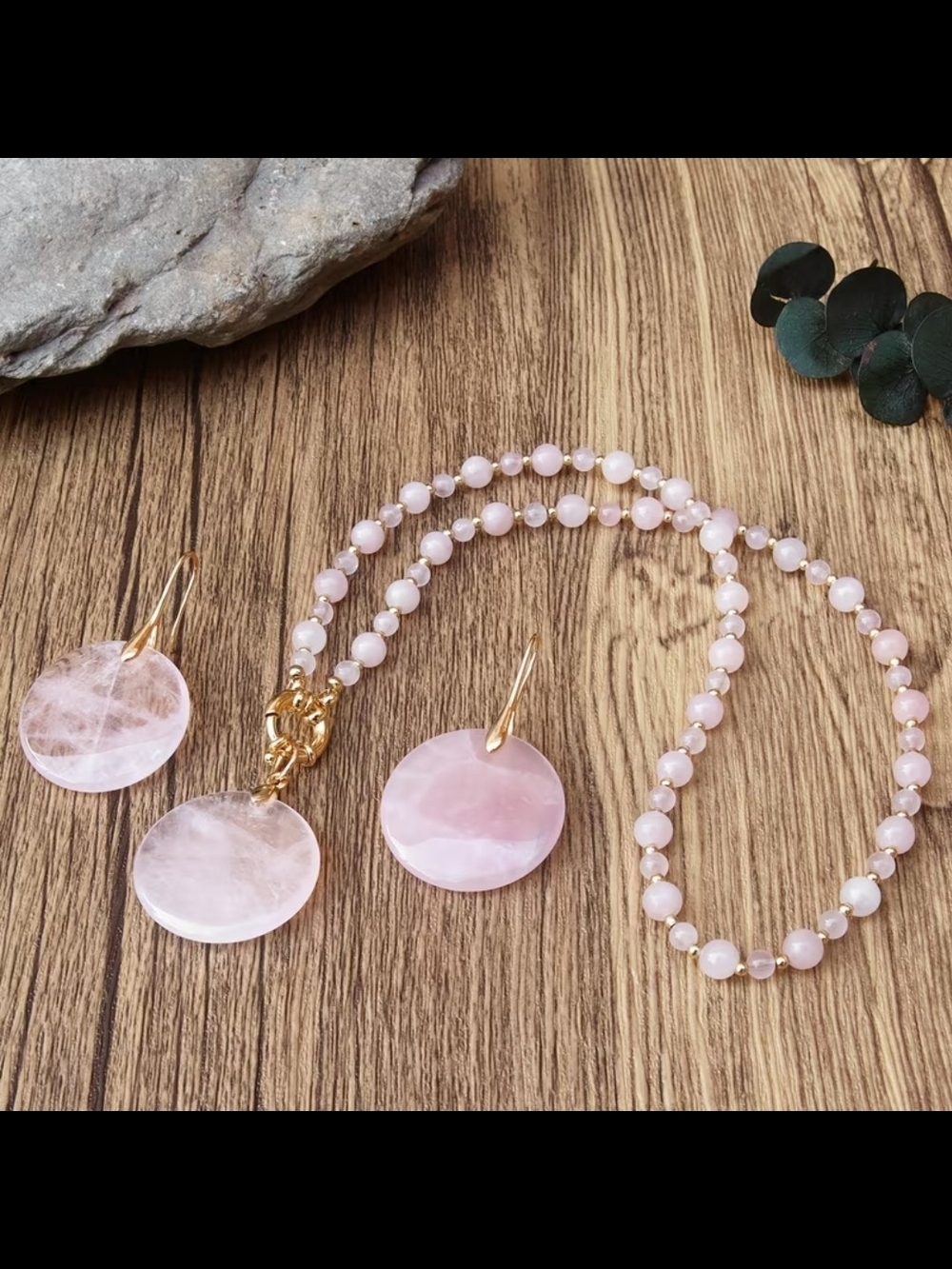 Rose Quartz Round Pendant Necklace and Earring Set - Pink